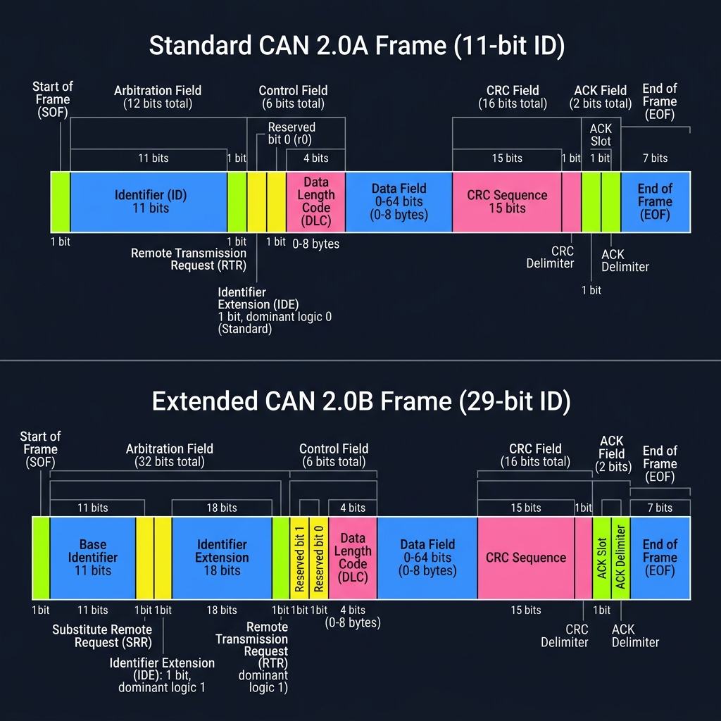 CAN 2.0A Standard vs CAN 2.0B Extended Frame Layouts