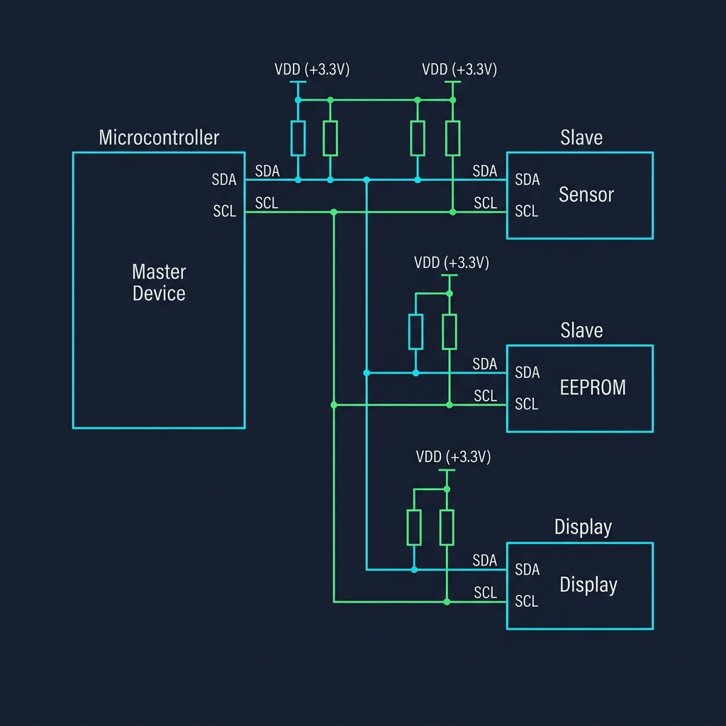 I2C Shared Bus Topology showing Pull-up resistors and multiple slaves