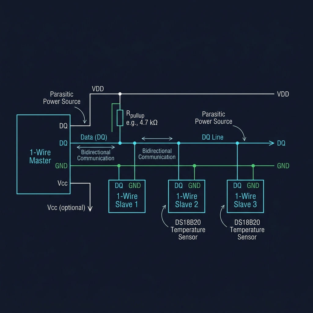 1-Wire bus topology showing master, parasitic power slaves, DQ wire, and pull-up