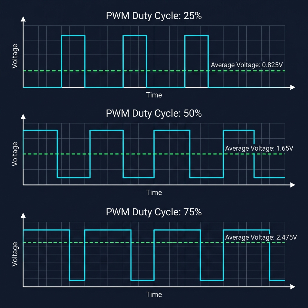 Comparison of 25%, 50%, and 75% Duty Cycles and resulting average voltages