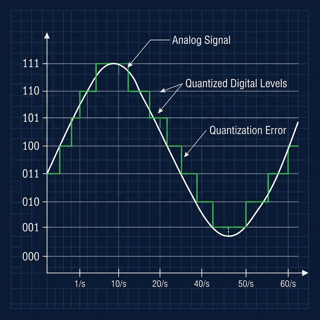 Continuous signal mapped onto discrete binary quantization levels