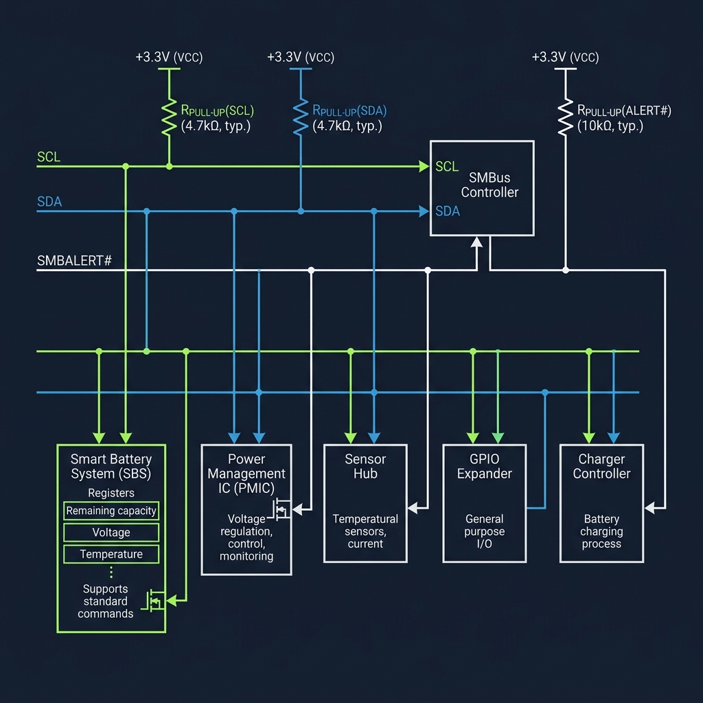 SMBus Topology showing pull-ups, SCL, SDA, and the SMBALERT# alert line