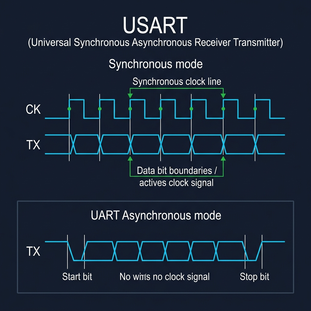 USART Timing Diagram showing Synchronous Clock CK and Data TX Alignment vs Asynchronous UART
